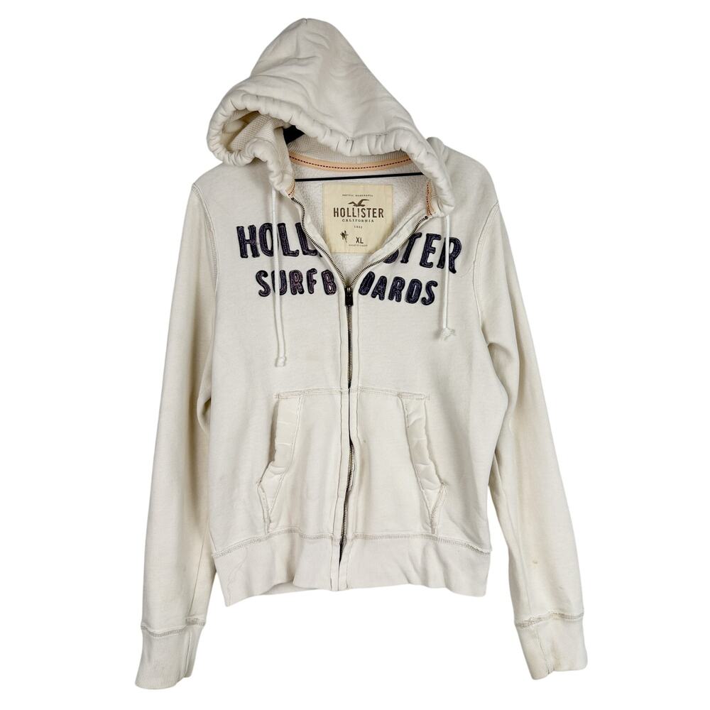Hollister Y2K Applique Letters Full Zip Hoodie Cream - XL